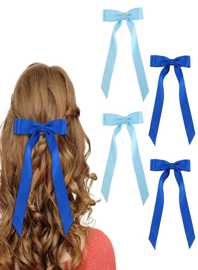 Penitue 4pcs Blue Bow Clips, Stylish Satin Bows Clips with Long Tail Gorgeous Hair Decor Accessories Suitable for Women Girls Toddlers Teen Prom & Wedding - Image 1